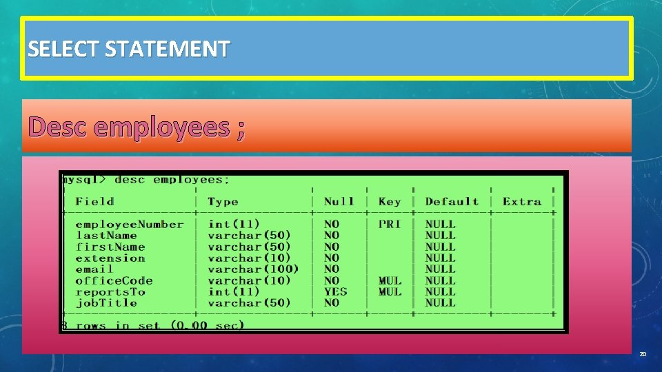 SELECT STATEMENT Desc employees ; 20 SELECT STATEMENT Desc employees ; 20