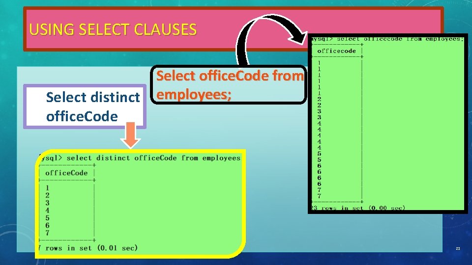 USING SELECT CLAUSES Select distinct office. Code Select office. Code from employees; From employees; USING SELECT CLAUSES Select distinct office. Code Select office. Code from employees; From employees;