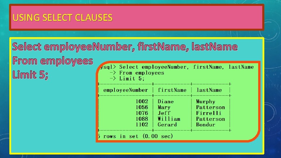 USING SELECT CLAUSES Select employee. Number, first. Name, last. Name From employees Limit 5; USING SELECT CLAUSES Select employee. Number, first. Name, last. Name From employees Limit 5;