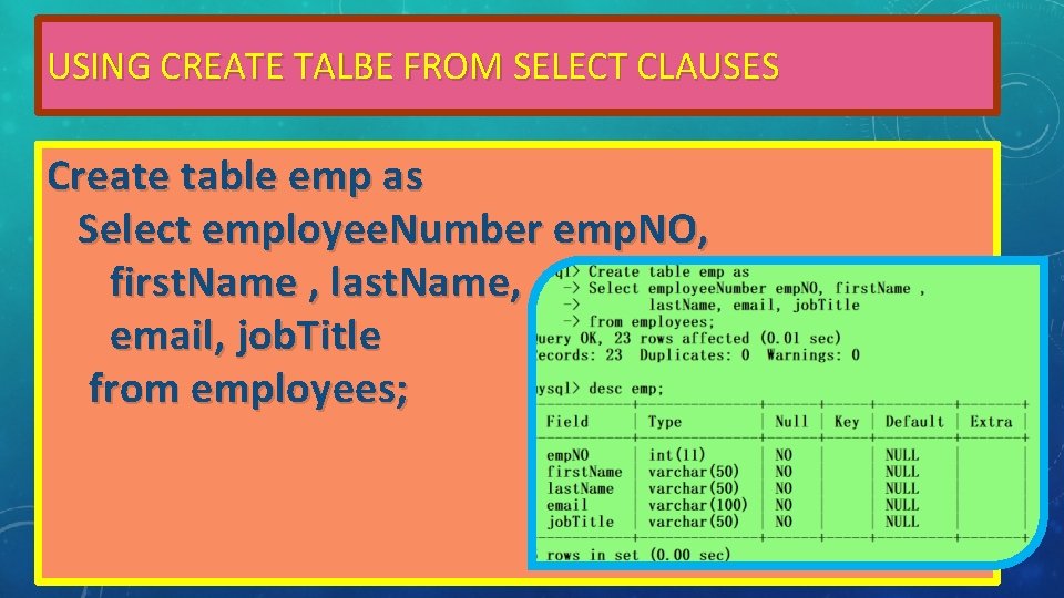 USING CREATE TALBE FROM SELECT CLAUSES Create table emp as Select employee. Number emp. USING CREATE TALBE FROM SELECT CLAUSES Create table emp as Select employee. Number emp.
