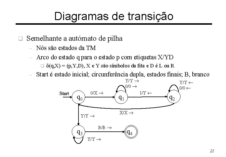 Diagramas de transição q Semelhante a autómato de pilha – – Nós são estados