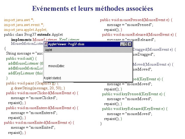 Evénements et leurs méthodes associées import java. awt. *; import java. awt. event. *;