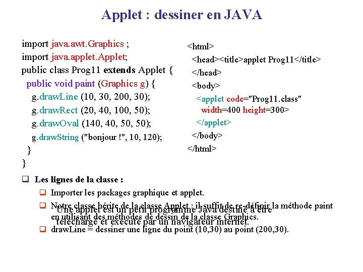 Applet : dessiner en JAVA import java. awt. Graphics ; import java. applet. Applet;
