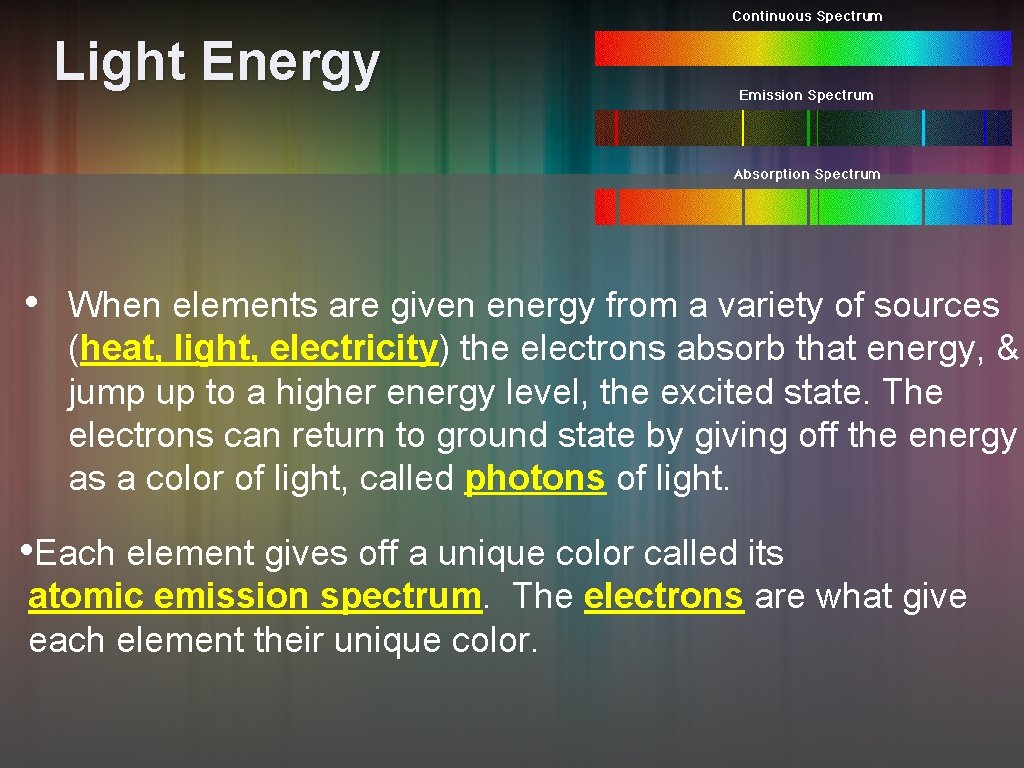 Light Energy • When elements are given energy from a variety of sources (heat,