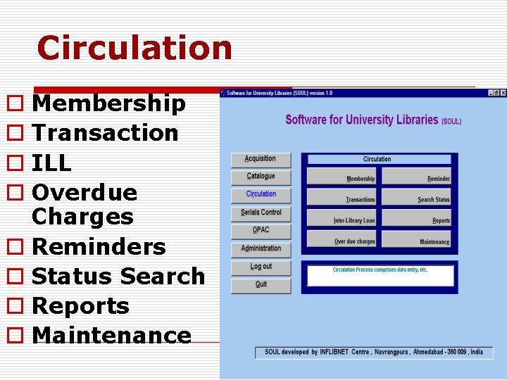 Circulation o Membership o Transaction o ILL o Overdue Charges o Reminders o Status