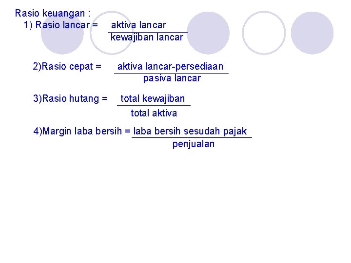 Rasio keuangan : 1) Rasio lancar = 2)Rasio cepat = 3)Rasio hutang = aktiva