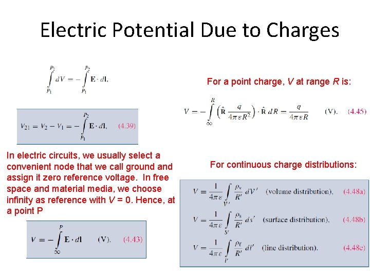 Electric Potential Due to Charges For a point charge, V at range R is: