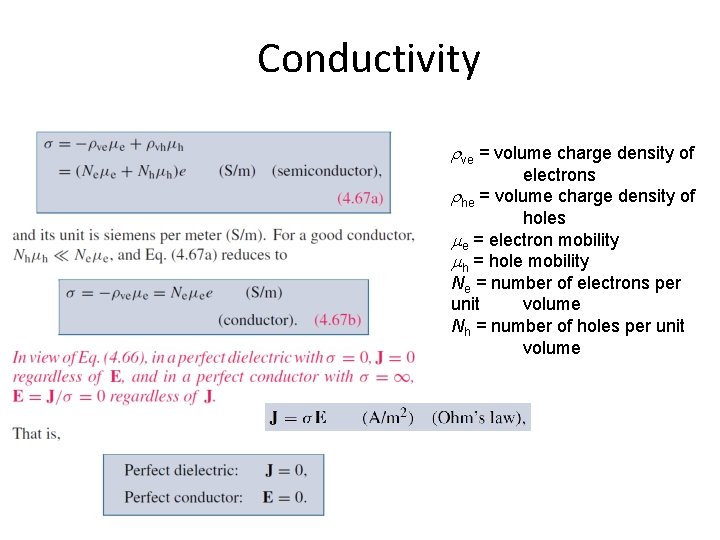 Conductivity ve = volume charge density of electrons he = volume charge density of