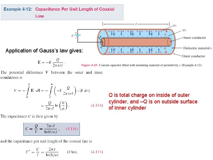 Application of Gauss’s law gives: Q is total charge on inside of outer cylinder,