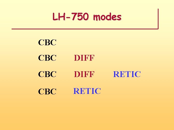 LH-750 modes CBC DIFF CBC RETIC 