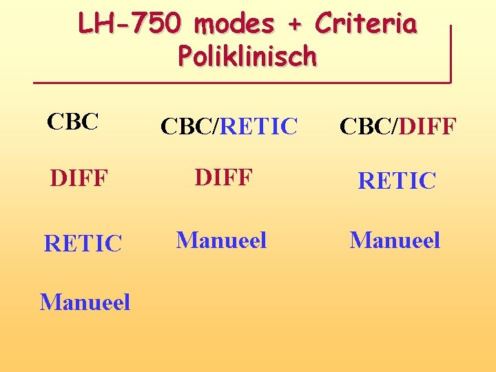 LH-750 modes + Criteria Poliklinisch CBC/RETIC CBC/DIFF RETIC Manueel 