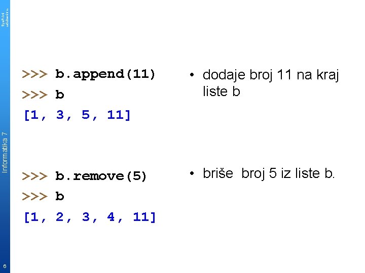 Sys. Print udzbenik. hr Informatika 7 6 >>> b. append(11) >>> b [1, 3,