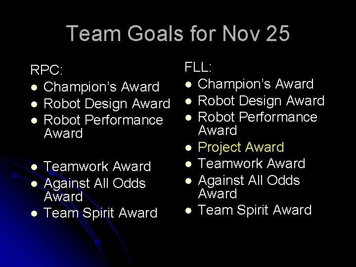 Team Goals for Nov 25 FLL: RPC: l Champion’s Award l Robot Design Award