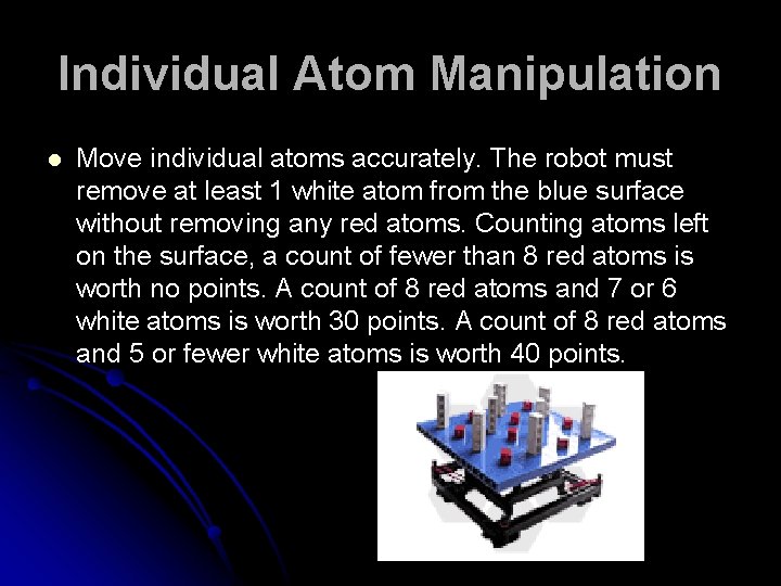 Individual Atom Manipulation l Move individual atoms accurately. The robot must remove at least