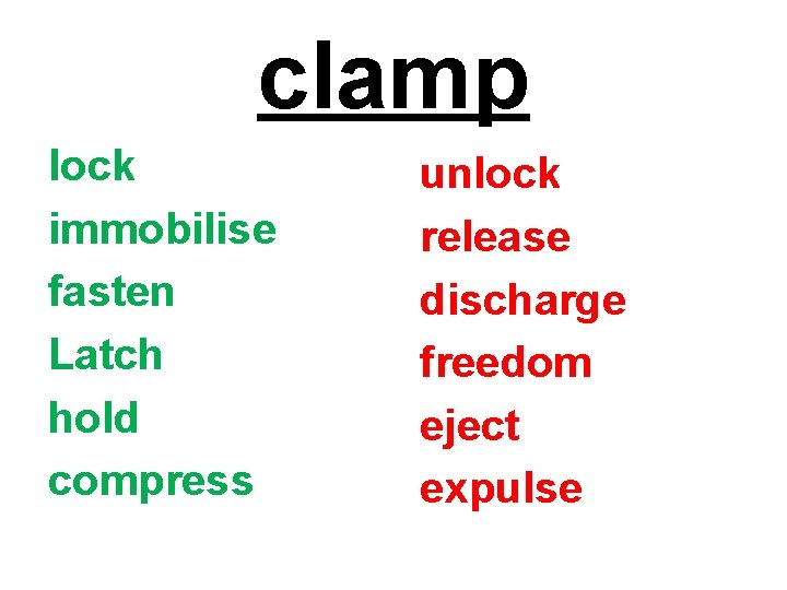 clamp lock immobilise fasten Latch hold compress unlock release discharge freedom eject expulse 