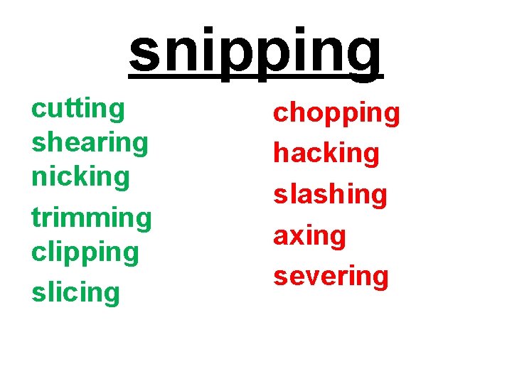 snipping cutting shearing nicking trimming clipping slicing chopping hacking slashing axing severing 