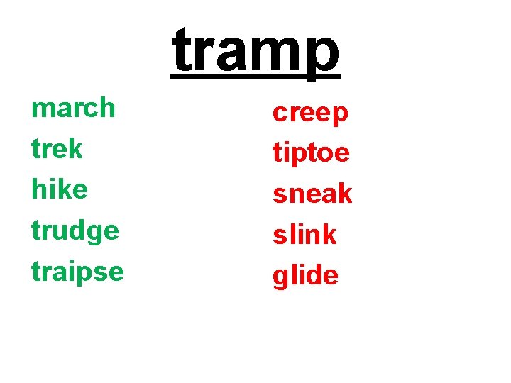tramp march trek hike trudge traipse creep tiptoe sneak slink glide 