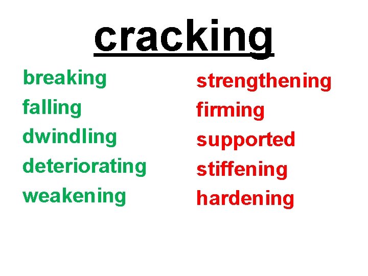 cracking breaking falling dwindling deteriorating weakening strengthening firming supported stiffening hardening 
