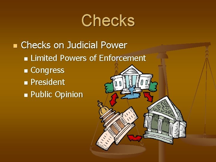 Checks n Checks on Judicial Power Limited Powers of Enforcement n Congress n President