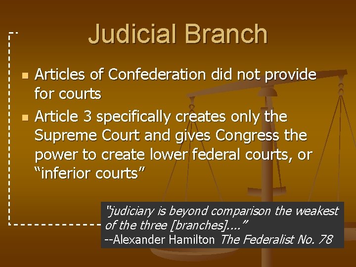 Judicial Branch n n Articles of Confederation did not provide for courts Article 3