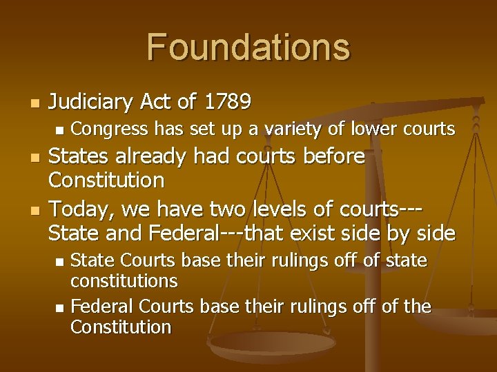 Foundations n Judiciary Act of 1789 n n n Congress has set up a