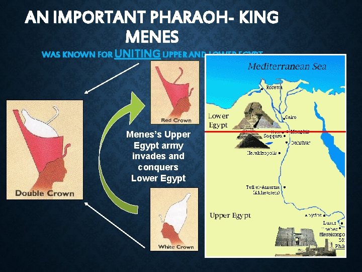 AN IMPORTANT PHARAOH- KING MENES WAS KNOWN FOR UNITING UPPER AND LOWER EGYPT Menes’s