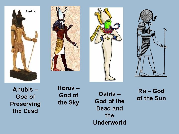 Anubis – God of Preserving the Dead Horus – God of the Sky Osiris