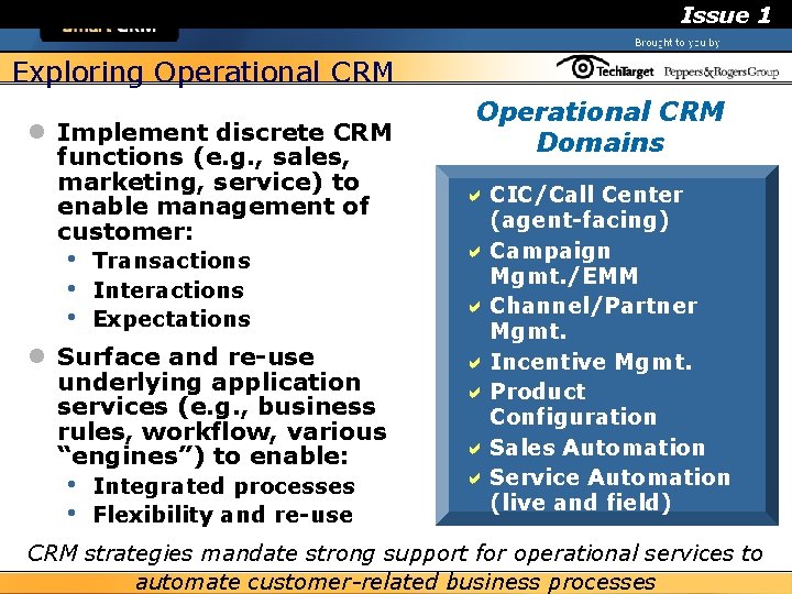 Issue 1 Exploring Operational CRM l Implement discrete CRM functions (e. g. , sales,