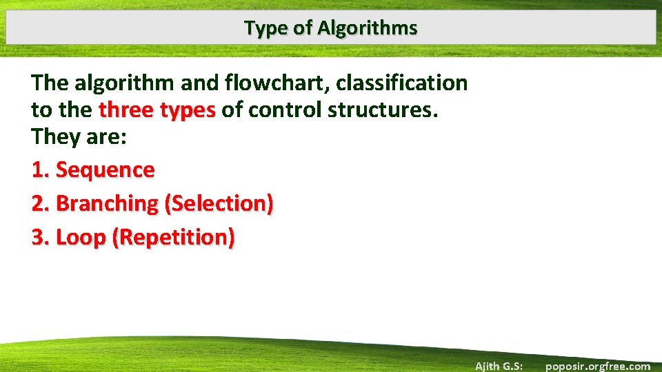 Type of Algorithms The algorithm and flowchart, classification to the three types of control