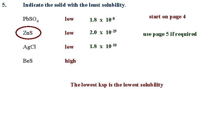 5. Indicate the solid with the least solubility. Pb. SO 4 low 1. 8