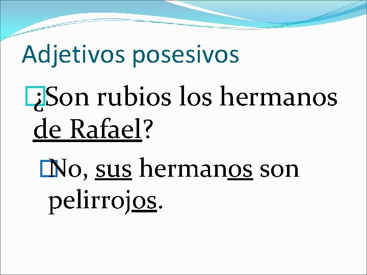 Adjetivos posesivos � ¿Son rubios los hermanos de Rafael? � No, sus hermanos son