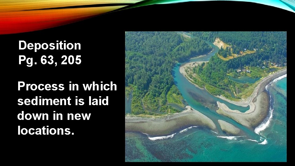 Deposition Pg. 63, 205 Process in which sediment is laid down in new locations.