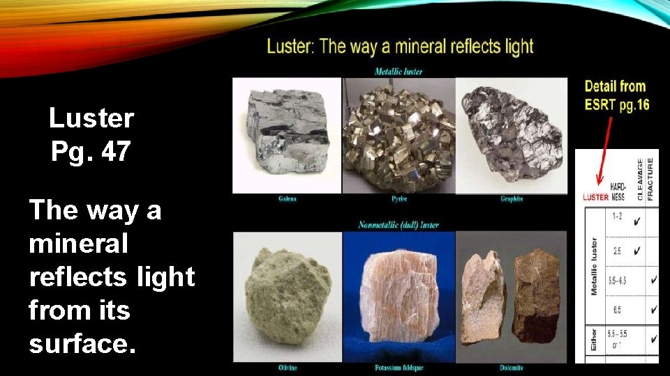 Luster Pg. 47 The way a mineral reflects light from its surface. 