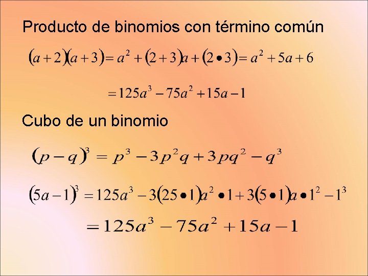 Producto de binomios con término común Cubo de un binomio 