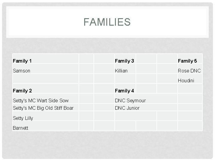 FAMILIES Family 1 Family 3 Family 5 Samson Killian Rose DNC Houdini Family 2