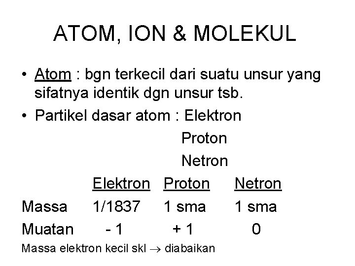 ATOM, ION & MOLEKUL • Atom : bgn terkecil dari suatu unsur yang sifatnya