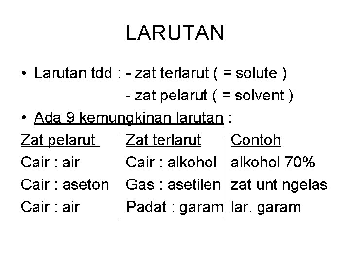 LARUTAN • Larutan tdd : zat terlarut ( = solute ) zat pelarut (