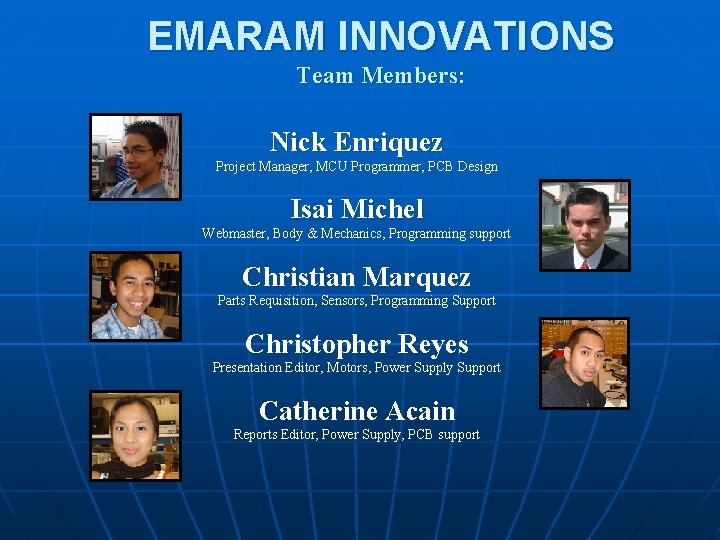 EMARAM INNOVATIONS Team Members: Nick Enriquez Project Manager, MCU Programmer, PCB Design Isai Michel