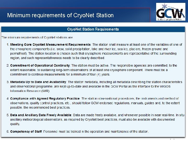 Minimum requirements of Cryo. Net Station 