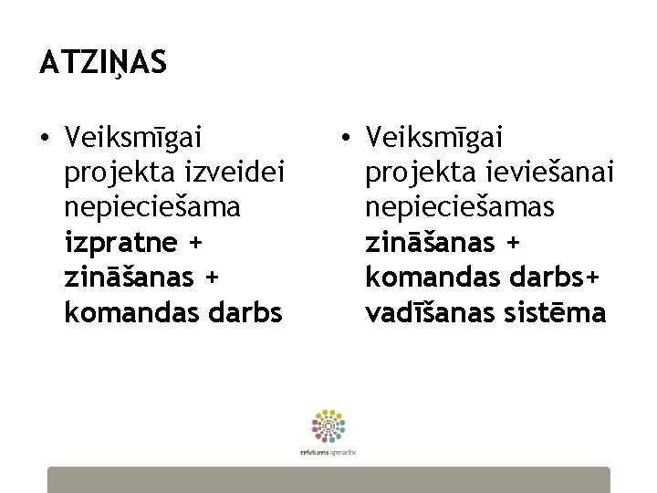 ATZIŅAS • Veiksmīgai projekta izveidei nepieciešama izpratne + zināšanas + komandas darbs • Veiksmīgai