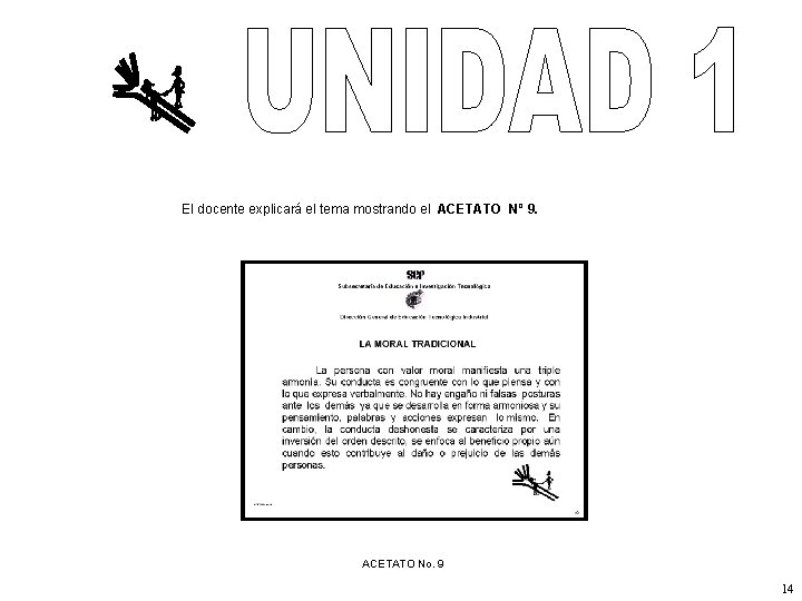 El docente explicará el tema mostrando el ACETATO Nº 9. ACETATO No. 9 14