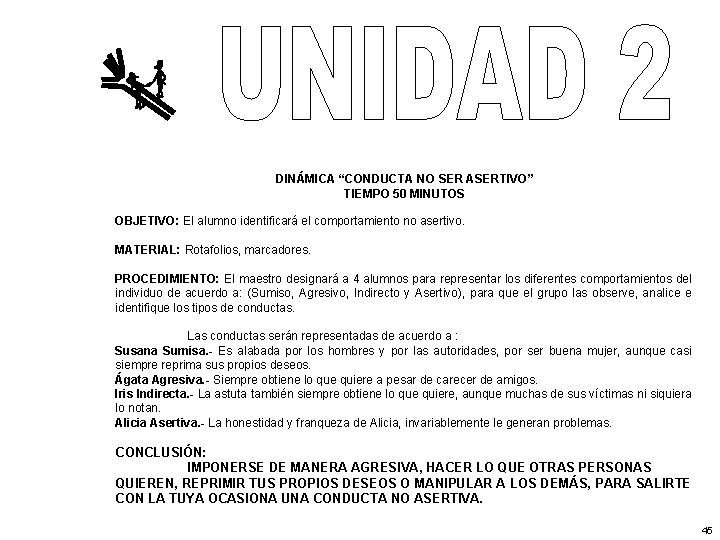 DINÁMICA “CONDUCTA NO SER ASERTIVO” TIEMPO 50 MINUTOS OBJETIVO: El alumno identificará el comportamiento
