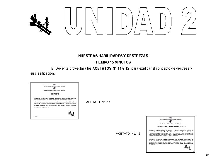 NUESTRAS HABILIDADES Y DESTREZAS TIEMPO 15 MINUTOS El Docente proyectará los ACETATOS Nº 11