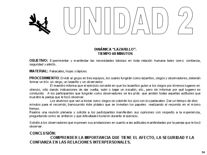 DINÁMICA “LAZARILLO”. TIEMPO 60 MINUTOS OBJETIVO: Experimentar y manifestar las necesidades básicas en toda