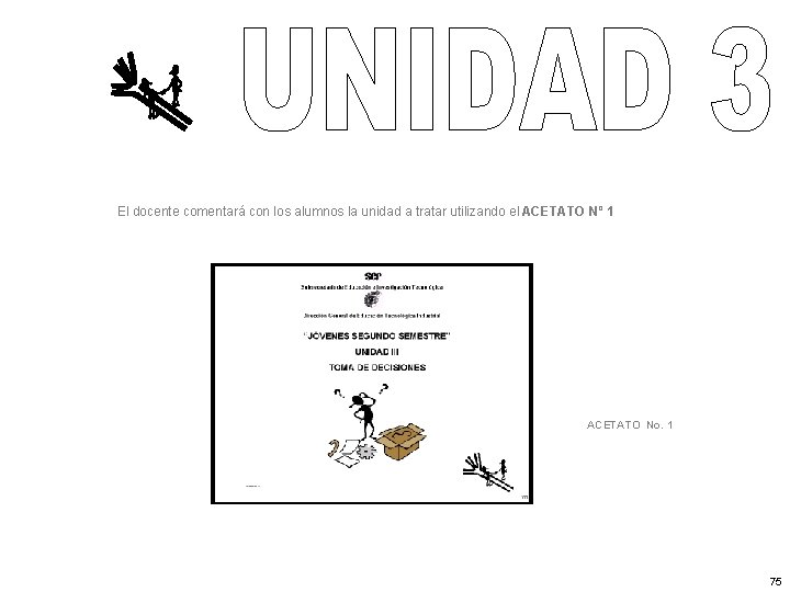 El docente comentará con los alumnos la unidad a tratar utilizando el ACETATO Nº