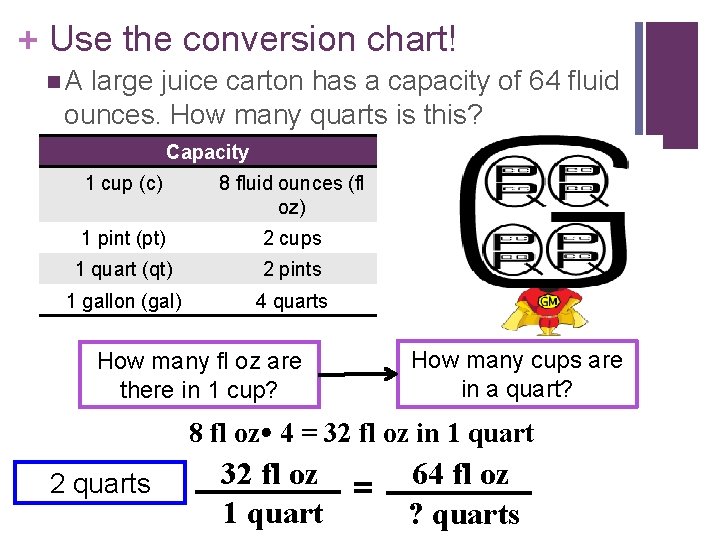 + Use the conversion chart! n. A large juice carton has a capacity of