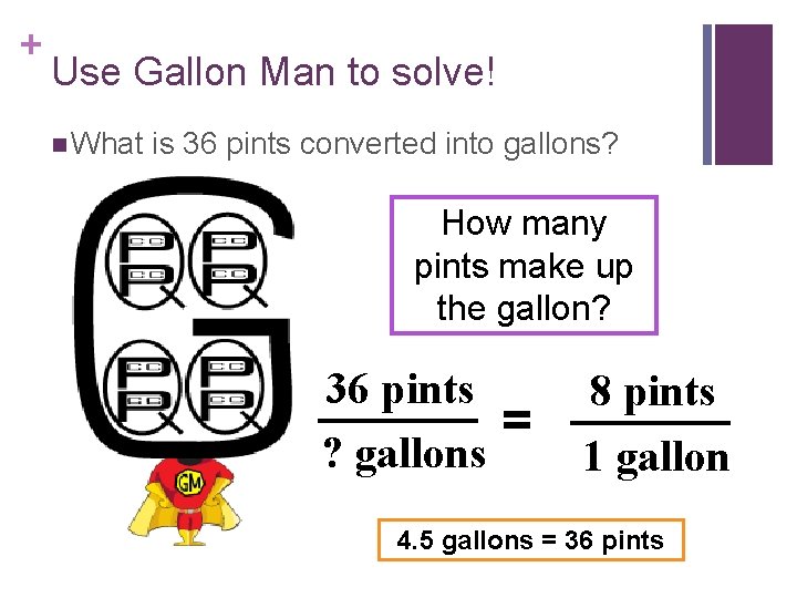 + Use Gallon Man to solve! n What is 36 pints converted into gallons?