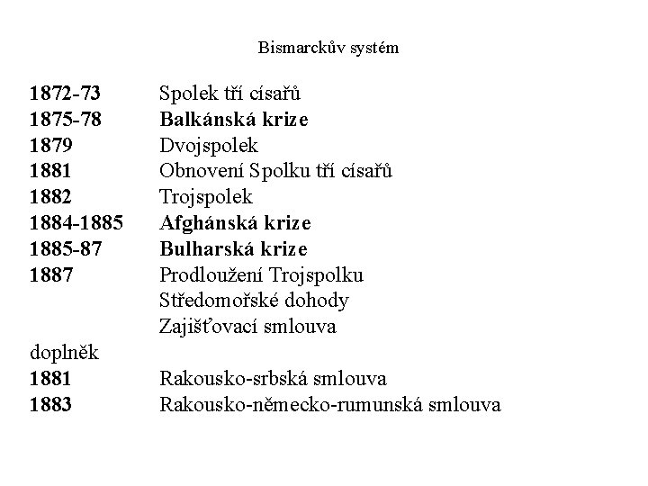 Bismarckův systém 1872 -73 1875 -78 1879 1881 1882 1884 -1885 -87 1887 doplněk