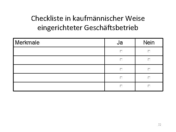 Checkliste in kaufmännischer Weise eingerichteter Geschäftsbetrieb Merkmale Ja Nein 52 