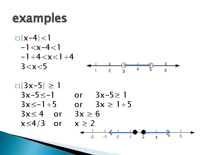 examples � ∣x-4∣<1 -1<x-4<1 -1+4<x<1+4 3<x<5 � ∣ 3 x-5∣ ≥ 1 3 x-5≤-1